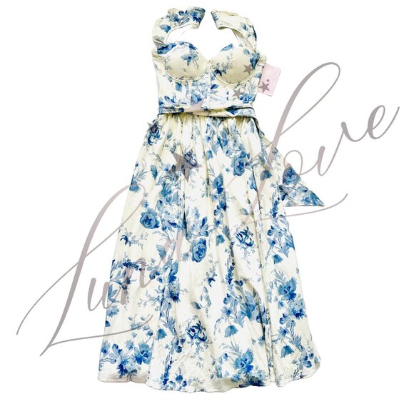 V. CHAPMAN Vera Ruffle Corset Midi Dress In Provencal Blue Floral (size 10) NWT - Picture 4 of 14
